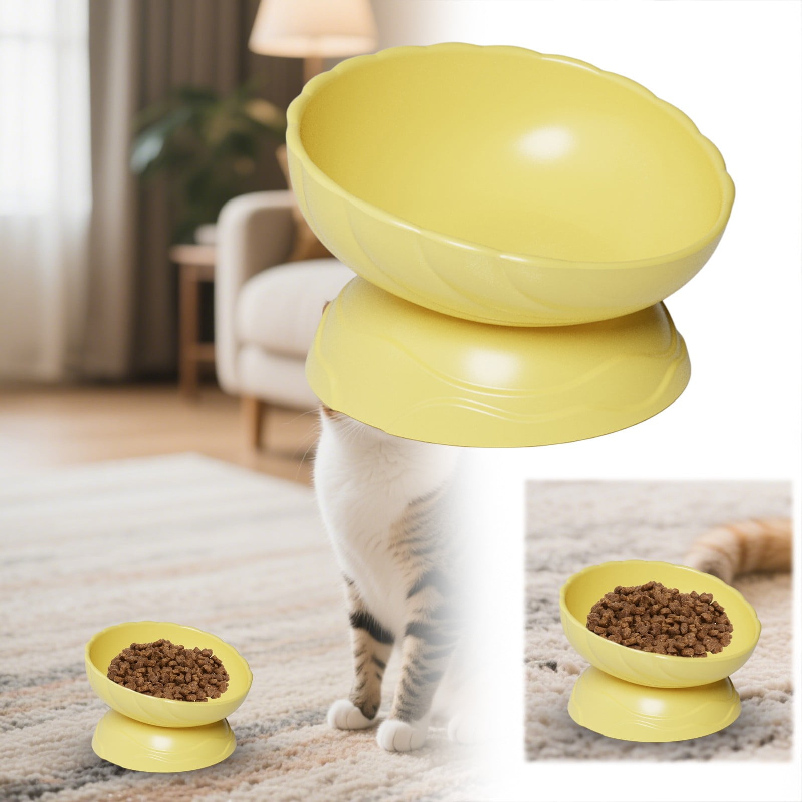Elevated Cat Bowls Set – 6.1" Wide Ceramic Raised Cat Food & Water Bowls – 15° Tilted Whisker-Friendly Design – Dishwasher & Microwave Safe – Ideal for Indoor Cats & Small Dogs (Yellow, Durable Gift)