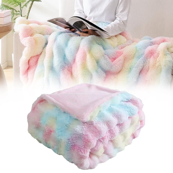 Apeya Faux Fleece Rainbow Throw Blanket, Cozy Soft Plush Fuzzy Blanket, for Sofa, Couch, Bed, Thick for Winter Use,Colorful Pillowcase (45*45Cm)