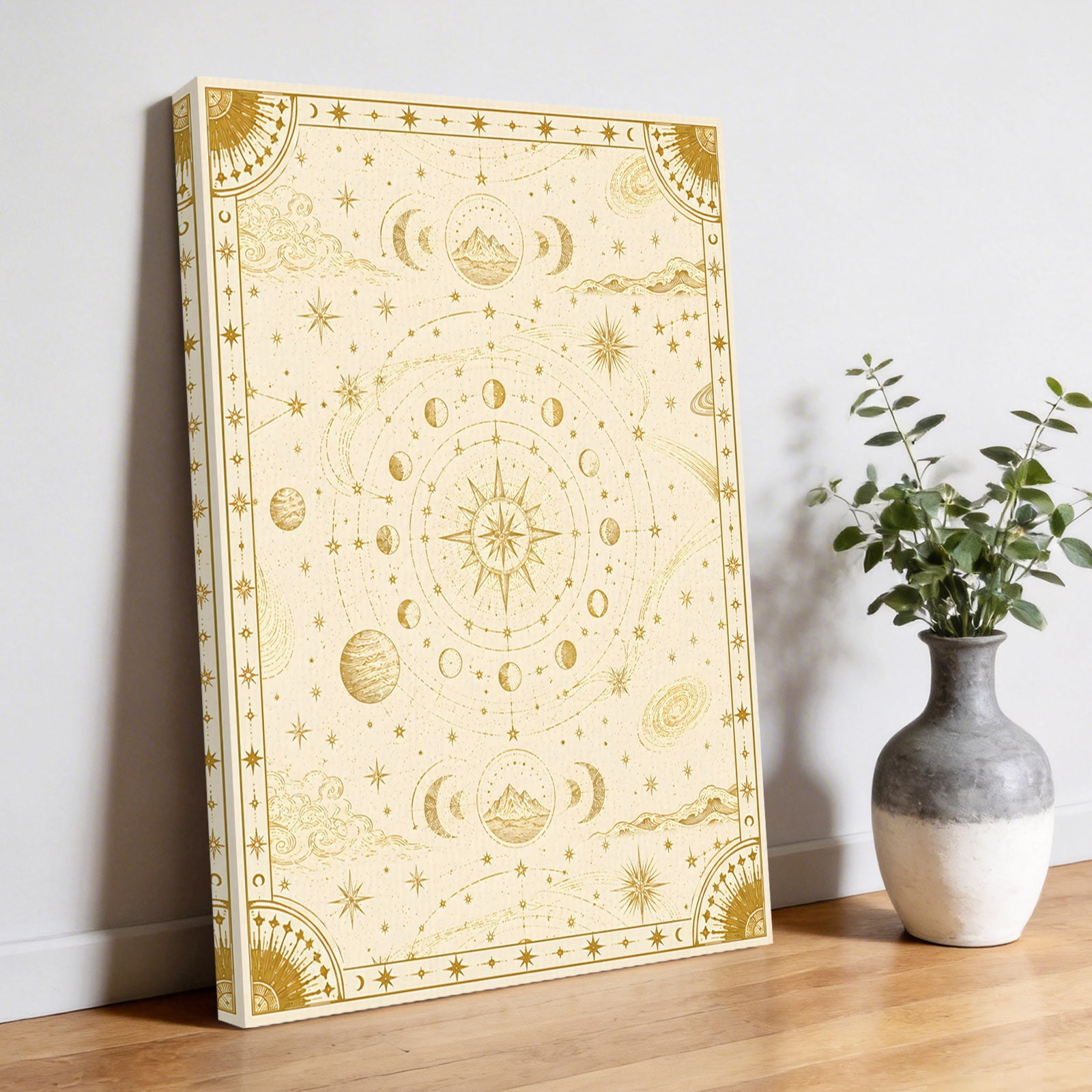 Dreamy Lunar Phase Canvas Wall Art Central Sunburst Moon Cycle Stars Mountain Pictures Wall Decor Wooden Framed Artwork Art Prints for Living Room Hallway Bedroom Office 24 x36