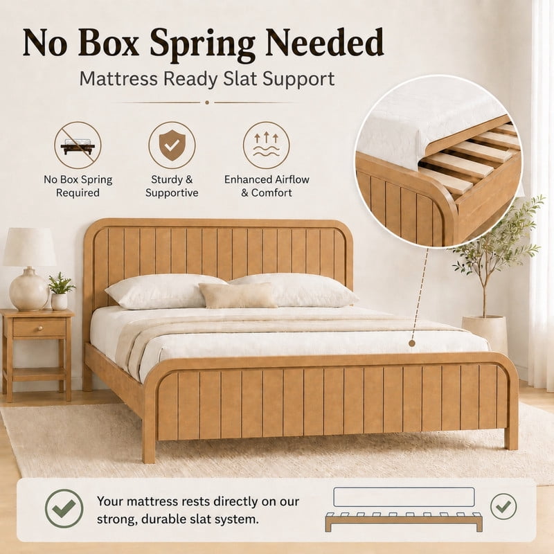King Size Low Profile Bed Frame with Striped Headboard & Footboard, Wood Platform Bed with Slats Support & 7'' Under-Bed Space