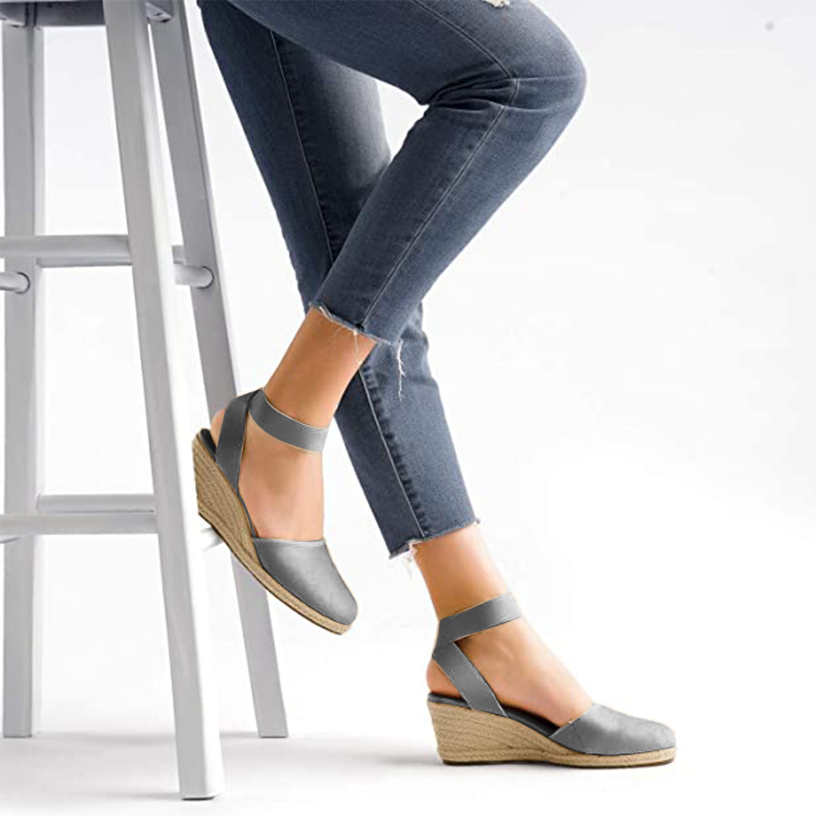 Anuirheih Closed Toe Wedges for Women Summer Shoes Outdoor Sandals Mid Low Heel Canvas Dress Sandals Gray