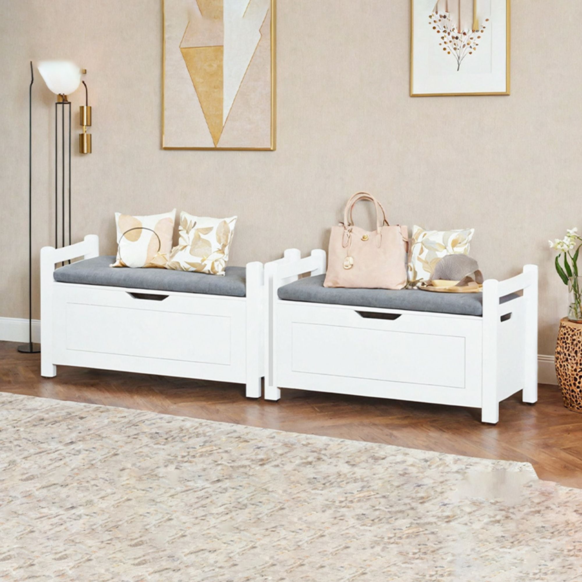 Demi Bonn 35" Storage Bench with Cushion, Lift-Top Toy Storage Organizer Trunk with 2 Safety Hinges, Wood Storage Box Chest for Bedroom, Entryway, Living Room, White
