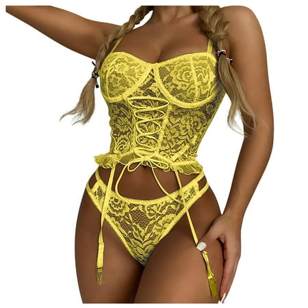 

Qcmgmg Women Lingerie for Sexy Cami Lace Bodysuit Floral Floral Bodysuit Yellow L