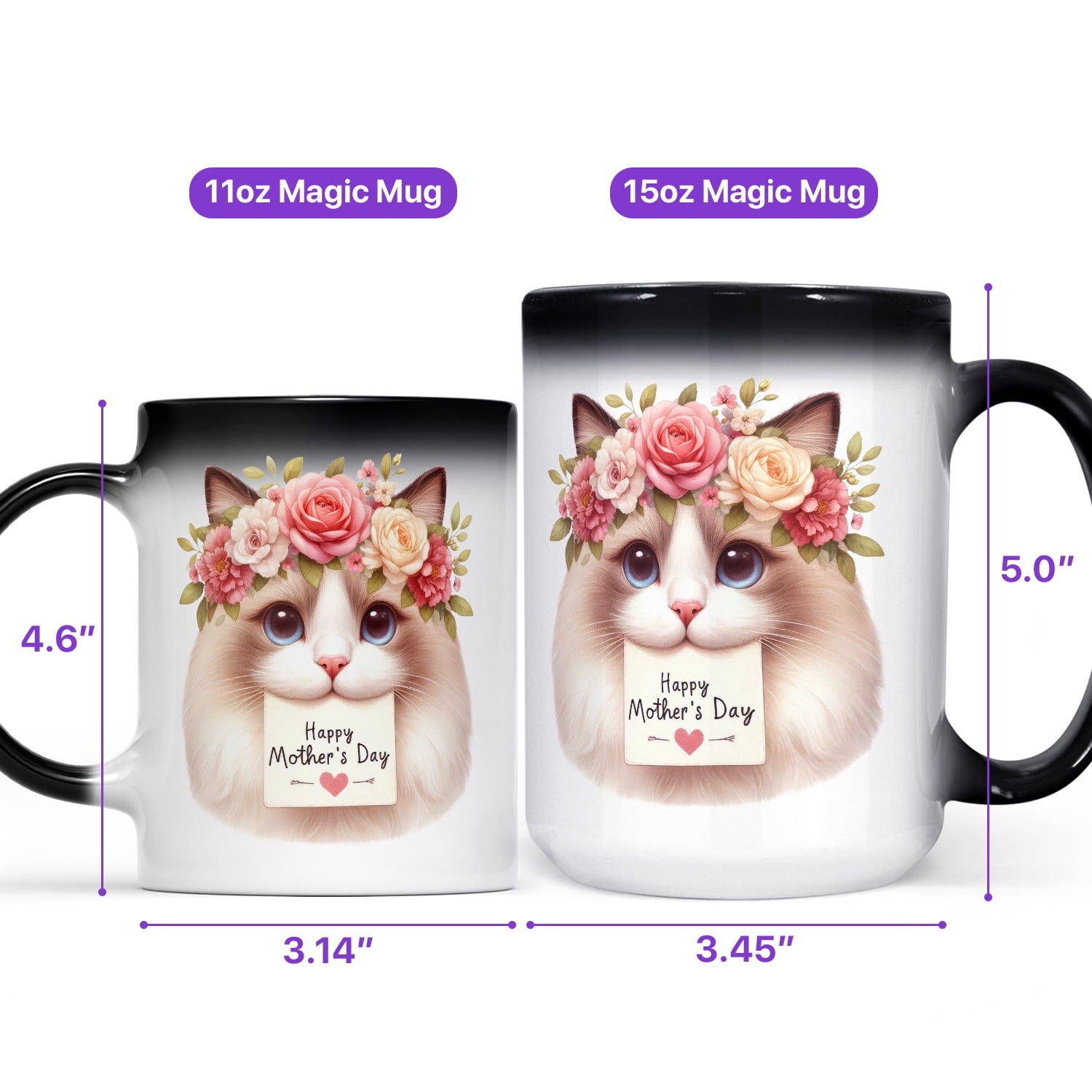 Happy Mother's Day Ragdoll with Flower Crown and Greeting Card Heat Color Changing Mug Cat Lover Kitten Owner Gifts Idea Magic Coffee Mug - 13004