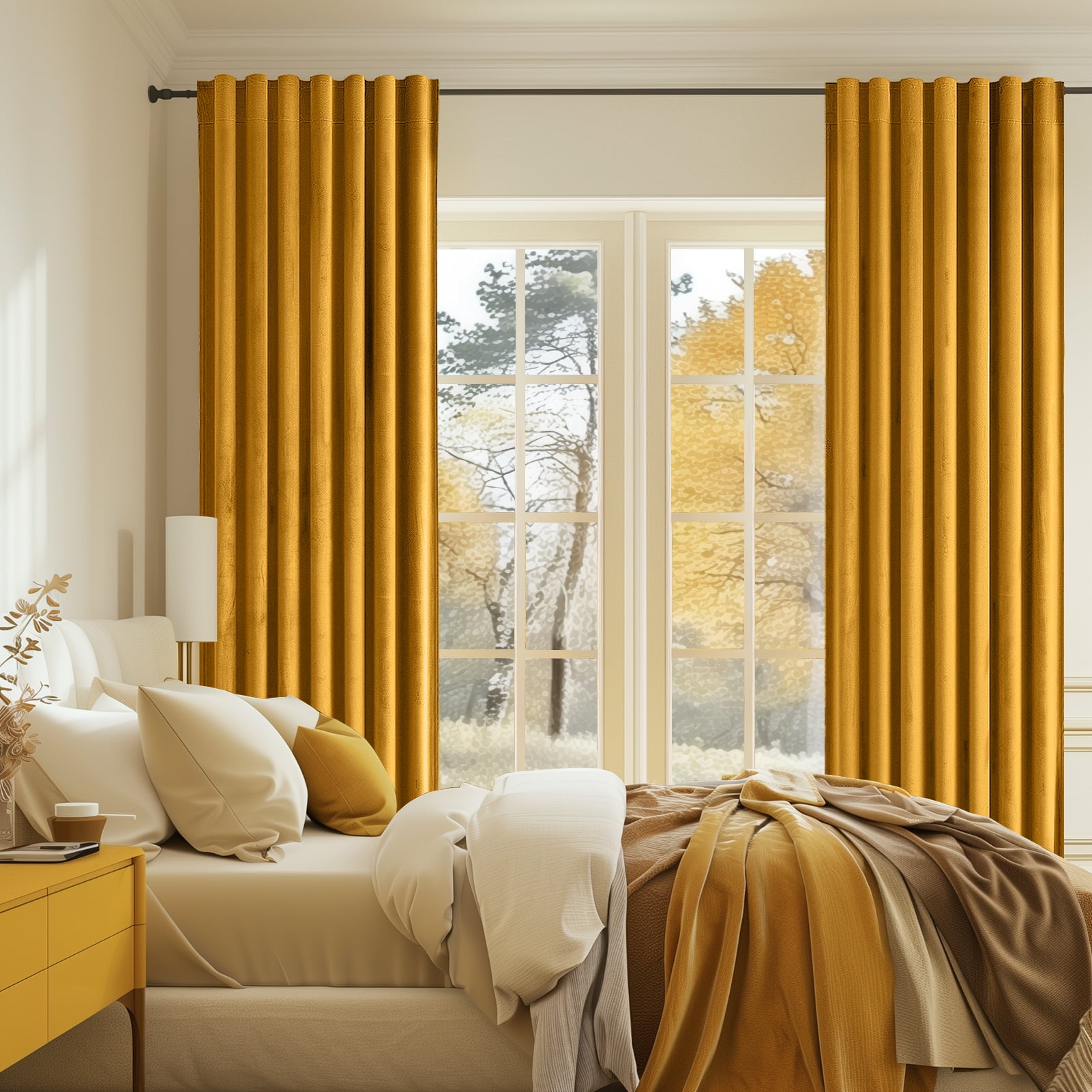 Topfinel Mustard Yellow Velvet Blackout 96 Inches Long Curtains , 100% Blackout Drape Gold with Hooks, Soundproof Art Deco Back Tab Drapes for Living Room Bedroom,Set of 2