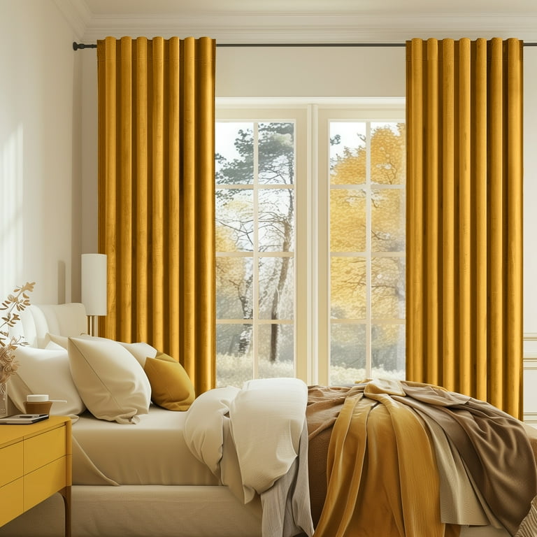 Topfinel Mustard Yellow Velvet Blackout 96 Inches Long Curtains 100 Blackout Drape Gold with Hooks Soundproof Art Deco Back Tab Drapes for Living