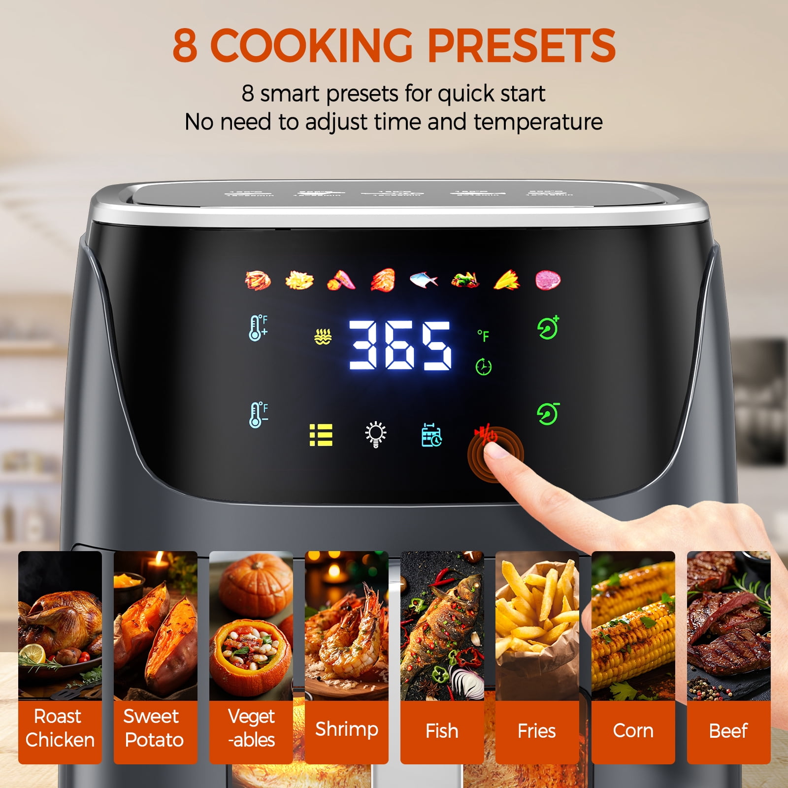 8QT Air Fryer with 8 Food Preset, LED Digital Touch Screen, Roast, Reheat, Dehydrate, Bake, Steam, 360° Hot Air, 85% Less Oil Healthy Cooker for Family Size