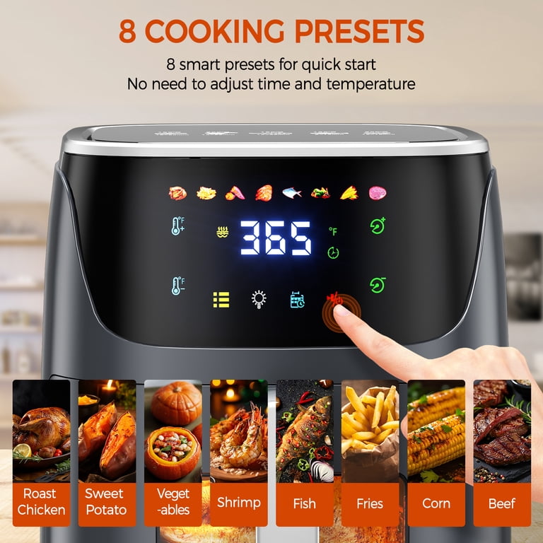 8QT Air Fryer with 8 Food Preset, LED Digital Touch Screen, Roast, Reheat, Dehydrate, Bake, Steam, 360° Hot Air, 85% Less Oil Healthy Cooker for Family Size