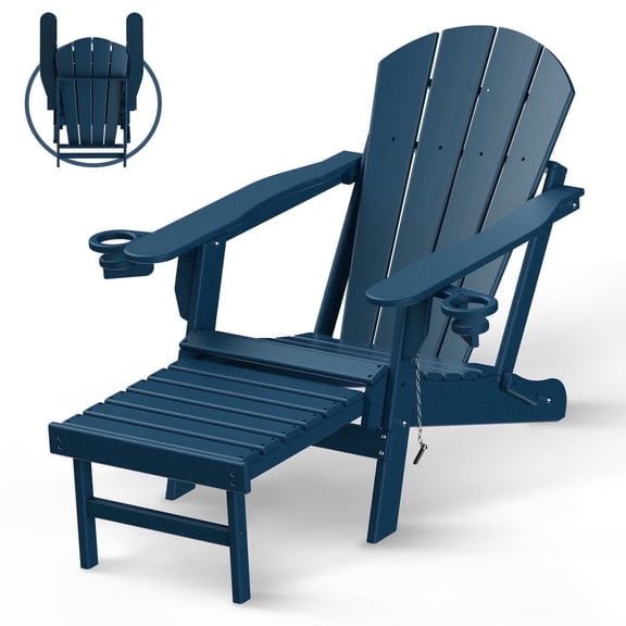 FODINGHILL Folding Adirondack Chair with ottoman , W/ Footrest & Dual Cup Holders, HDPE All Weather Fire Pit Chair for Porch Garden Pool, Blue