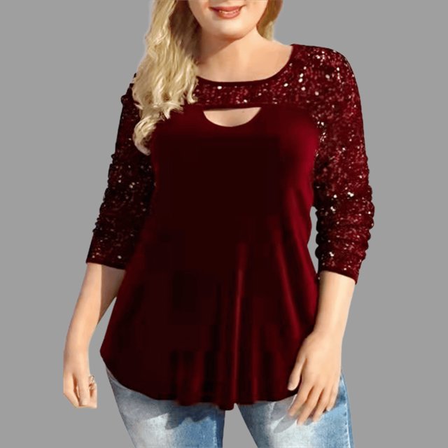 Camiseta de manga larga con cuello redondo y abertura digital de ocho tallas, top de punto con costura de lentejuelas ajustado para mujer