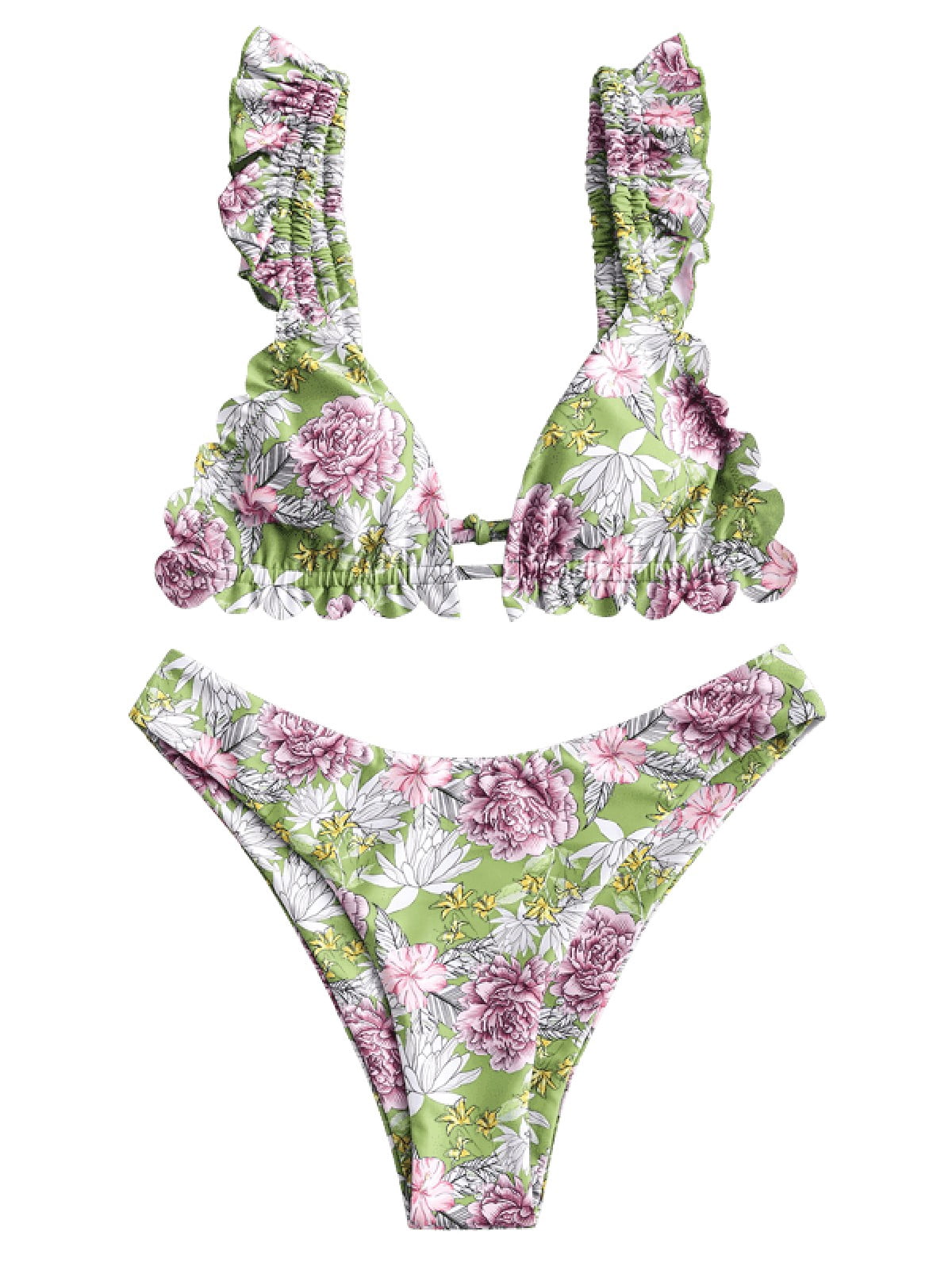 ZAFUL Floral Ruffle High Cut Bikini Swimwear Multi-B S - Walmart.com