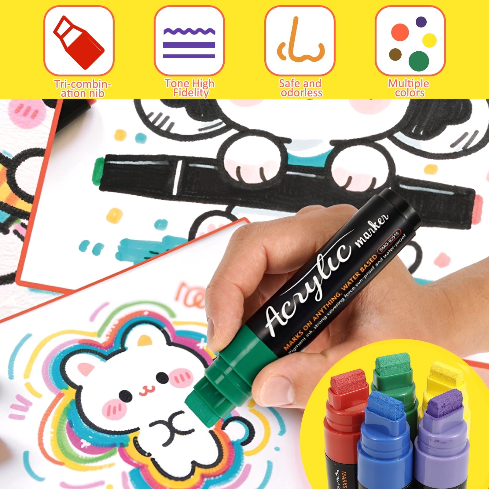 10 Pcs Acrylic Paint Marker 10 Colors Long Lasting Jumbo Poster Marker with 3 in 1 Tip Design for Artist Teenager Art Student Adult