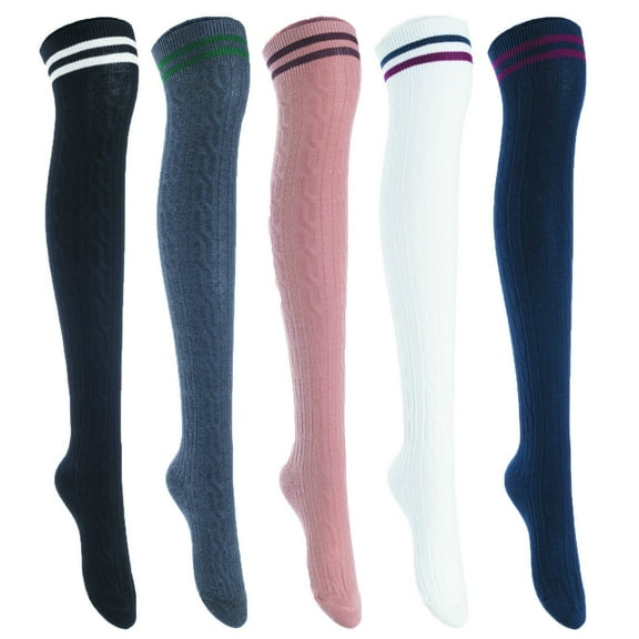 5 Pairs Awesome Women Thigh High Cotton Boot Socks. Comfortable, Durable Knee High Socks Size 6-9Black, Dark Grey, Khaki, White, Navy T1023-5c6