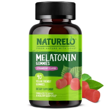 NATURELO Melatonin Gummies – Non-GMO, Gluten-Free, Soy Free - Strawberry Flavor - Gentle Sleep Supplement - 90 Vegetarian Gummies