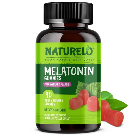 NATURELO Melatonin Gummies – Non-GMO, Gluten-Free, Soy Free - Strawberry Flavor - Gentle Sleep Supplement - 90 Vegetarian Gummies