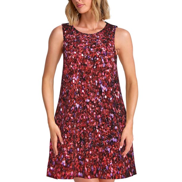 Easygdp Red Glitter para Vestido Transpirable de Mujer, Vestido Suelto de Manga Corta con Pliegues y Bolsillos para el Verano