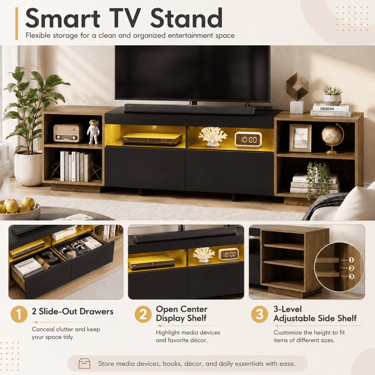 Lacoo 70 Inch TV Stand with LED Lights and Charging Station, Entertainment Center for 43-75 Inch TVs, Media Console with 2 Drawers, Adjustable Shelves and Modular Storage, Black and Brown