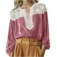 thumbnail image 2 of XUNKUSGA Women's Blouses Fashion Lace Velvet Patchwork Color Block Tops for Women Loose Vintage Lantern Sleeve Womens Blouses Soft Long Sleeve V Neck Women's Tops Pink, 2 of 5