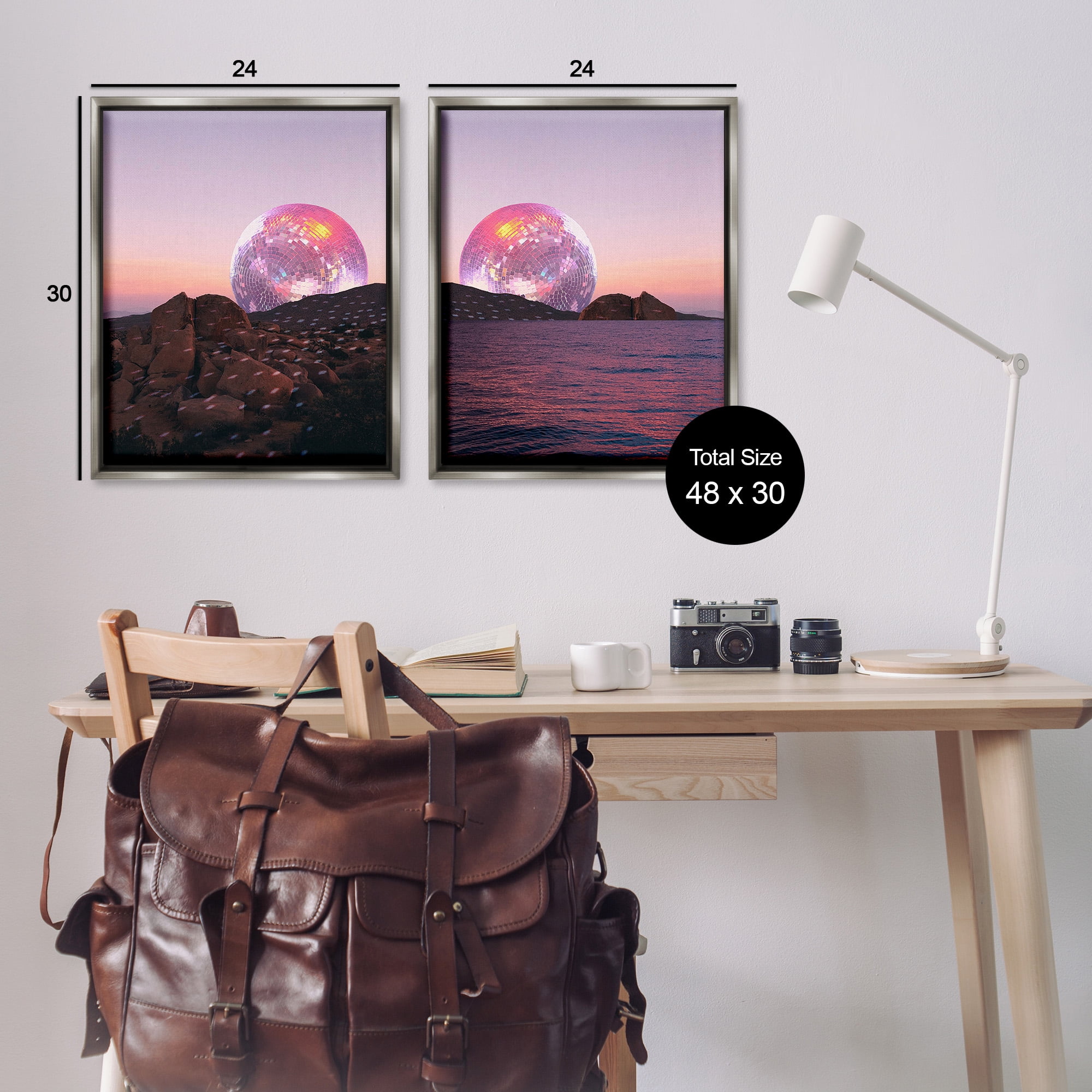 Stupell Industries Surreal Disco Ball Landscape Landscape Painting Gray Floater Framed Canvas Art Print Wall Art, 25 x 31, Set of 2