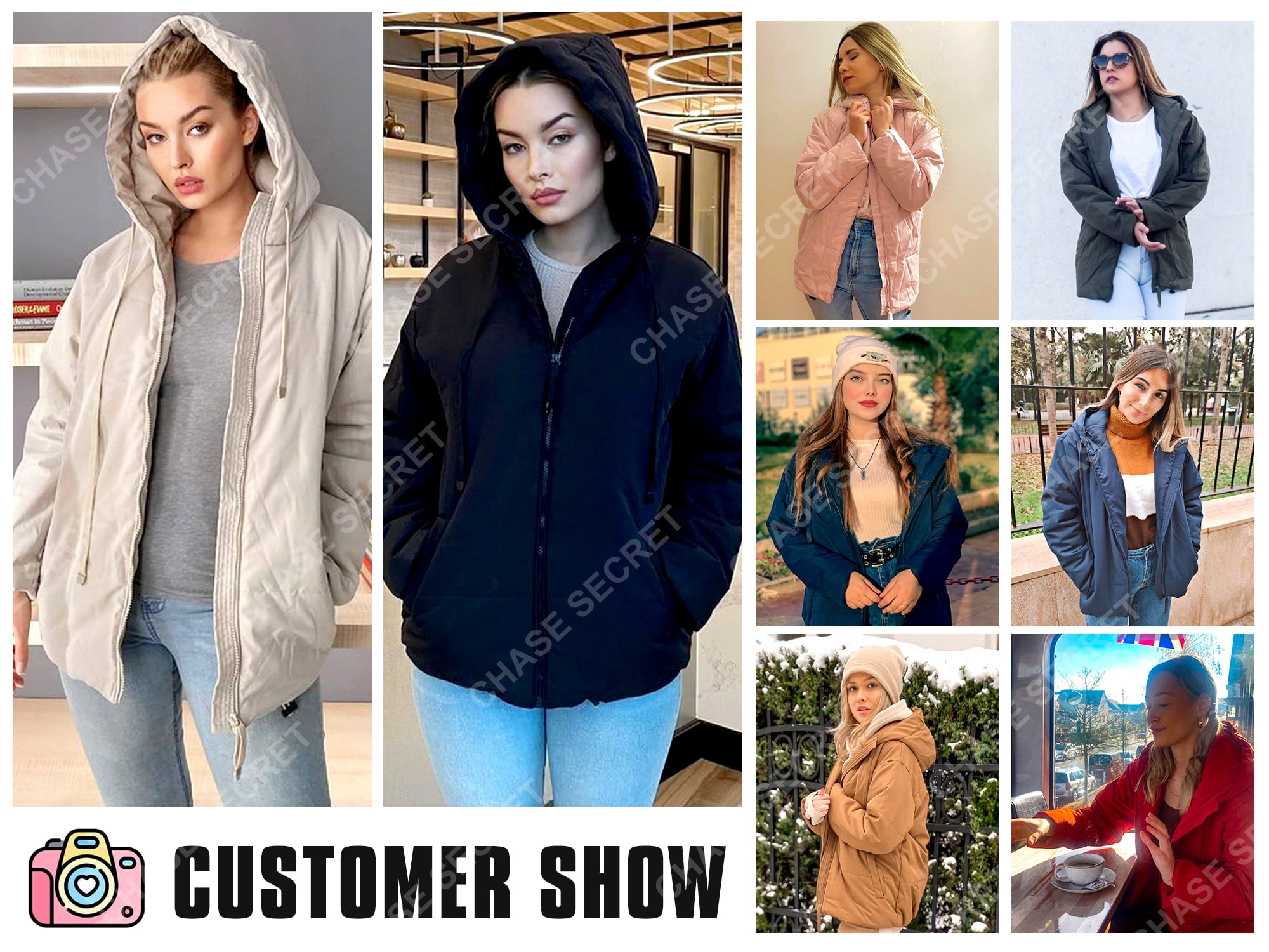 Hooded Puffer Jacket for Women with Full Zipper Drawstring Winter Cropped Coat with Pockets Petite
