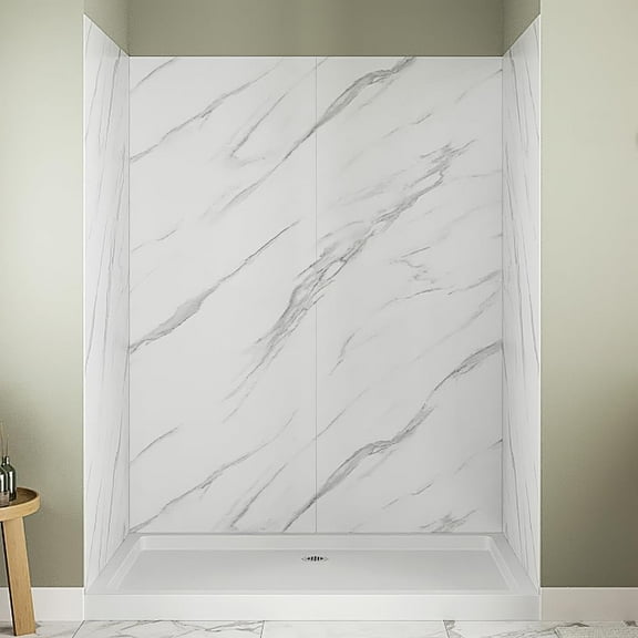 Streamline DSH-1240-121 32 in. L x 60 in. W x 76 in. H 4-Piece Glue-Up Corner Shower Wall Surround in White Marble Finish