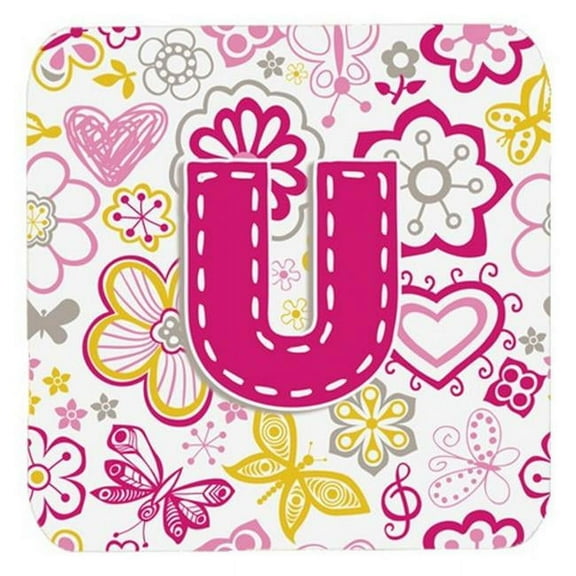 Letter U Flowers And Butterflies Pink Foam Coasters, Set Of 4