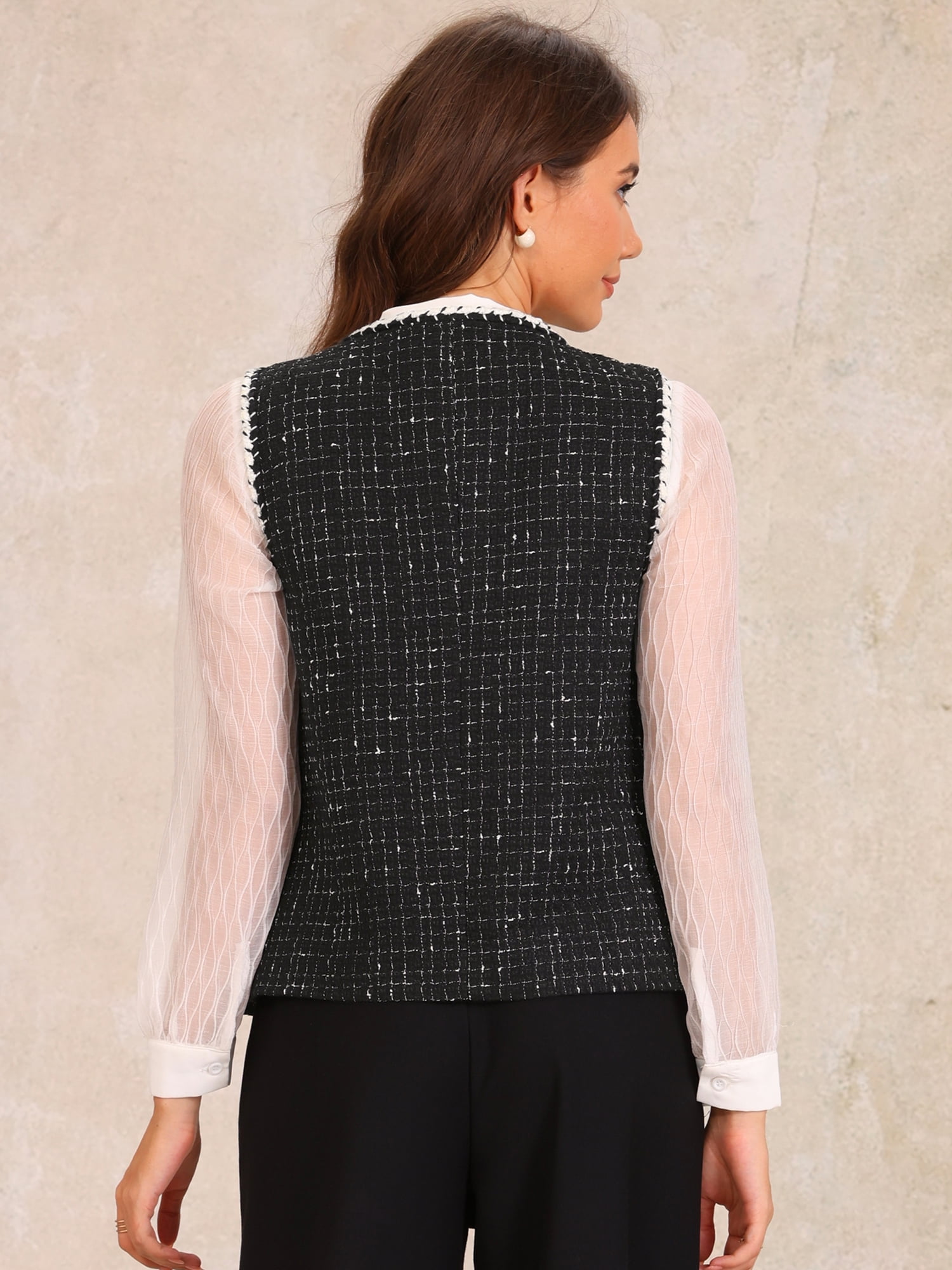 DARING DIVA Women's Tweed Plaid Round Neck Sleeveless Vintage Vests M Black