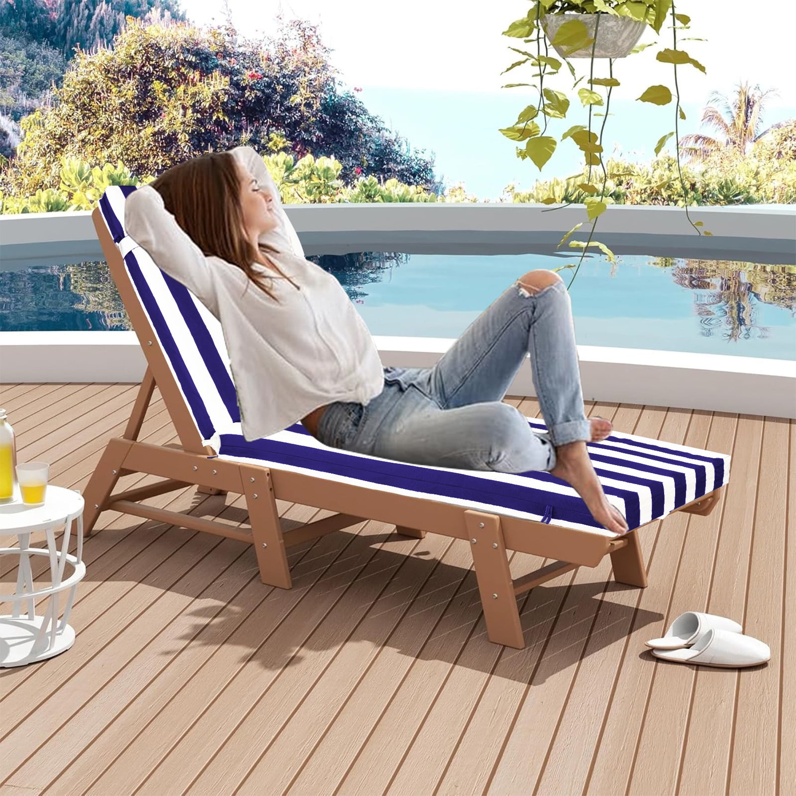 SDJPOI Outdoor Chaise Lounge Cushions, 72" x 21" x 3" Thick Patio Furniture Replacement Cushions, Waterproof Lounge Chair Cushion with Headrest & Ties for Pool Beach