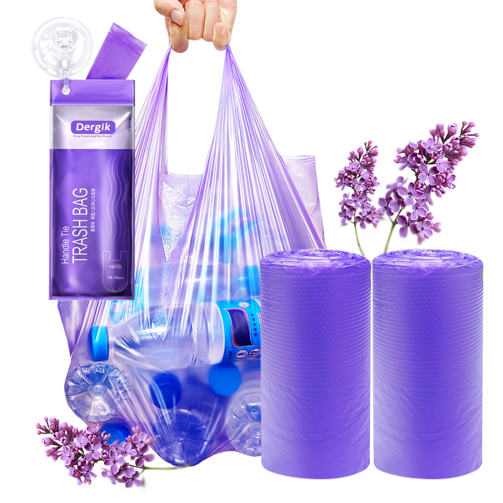 Dergik Large Diaper Bags for Adult&Baby, (18’’x23’’),96 Pcs, Vanilla Scented, for Elderly Waste Disposal, Baby Poop Bags, Sanitary Product at Home & Travel, Purple