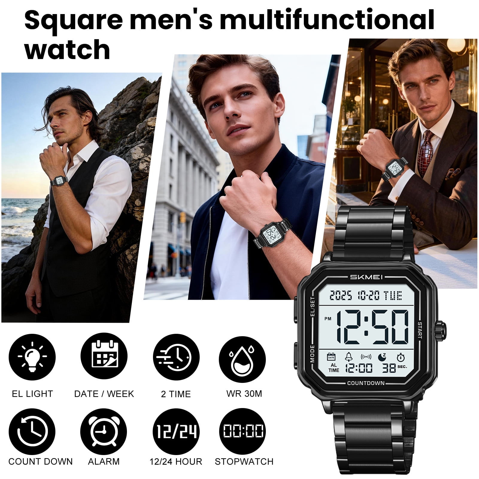 SKMEI Mens Digital Watch Sports Waterproof Outdoor Large Face Military Watches for Men with Stopwatch LED Back Ligh Alarm