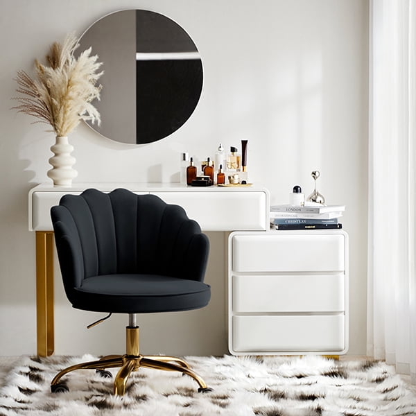 Office Chair Velvet Upholstered Task Computer Desk Shell Makeup Vanity Swivel Adjustable Metal Gold Base Bedroom Black