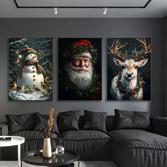 3pcs Christmas Canvas Wall Art Set - Modern Festive Snowman & Reindeer Prints, Frameless HD Quality Posters for Home Office, Classroom Decor