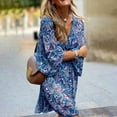 thumbnail image 3 of MORTTIC Plus Size Women's Floral Print Boho V-Neck Long Sleeve Midi Dress with Drawstring Waist Summer Vacation Blue，L, 3 of 6