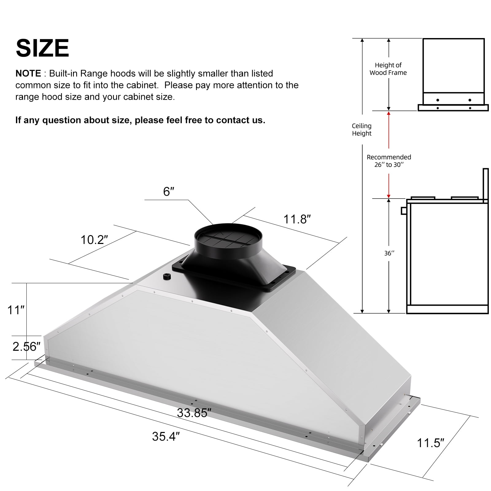 BRANO 36 Inch Stainless Steel Range Hood Insert,900 CFM Smart Voice/Gesture/Touch Control,with 4 Speed Exhaust Fan