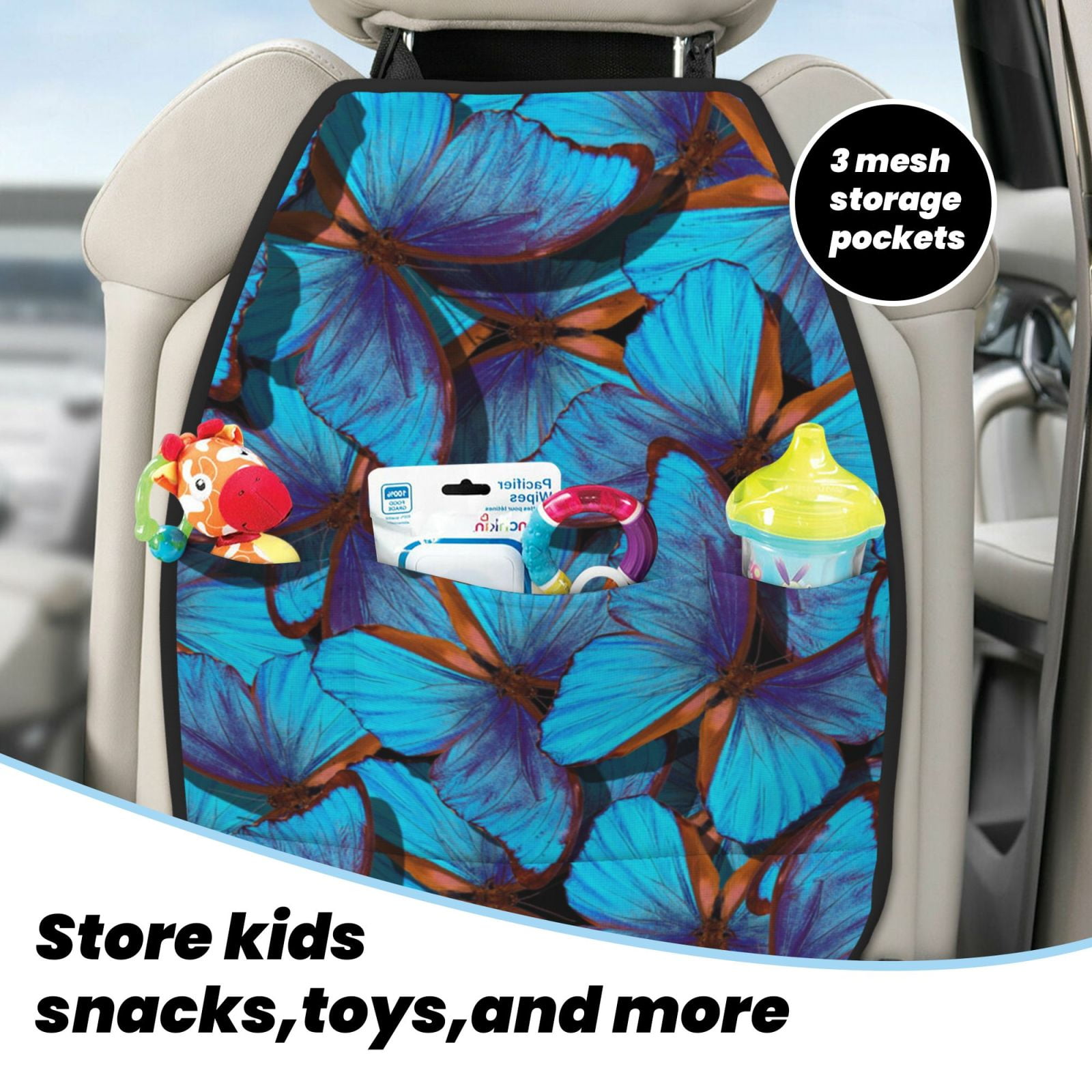 Kdxio Blue Butterflies Print 2 Pack Car Kick Mat Seat Cover Back Protector Mat with Pockets for Organizer Backseat Protector and Storage Anti Kick Pad for Vehicles