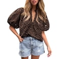 thumbnail image 1 of Blusa PRETTYGARDEN Cuello en V con Encaje Calado Café M, 1 of 7