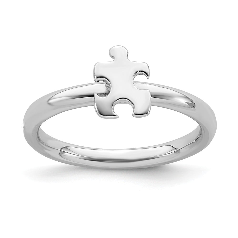 Sterling Silver Stackable Exp Rhodium-Plated Awareness Puzzle Piece Ring