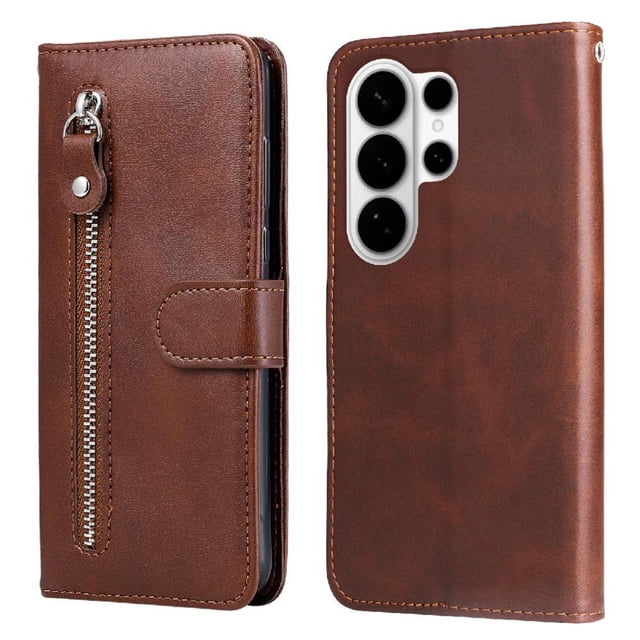 Wallet Case for Samsung Galaxy S26 Ultra with Zipper Pocket & Card Slots – Stand Function Brown
