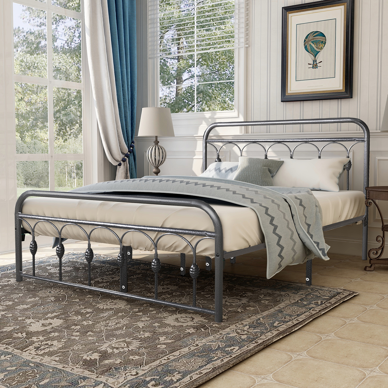 alazyhome Queen Platform Metal Bed Frame, Easy Assembly, Black Silver