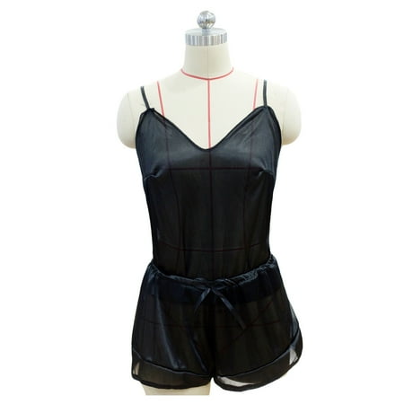 Fashion Summer Pajama Set for Women Satin Silk Babydoll Lace Up Nightwear Nightgowns Sleepwear Black