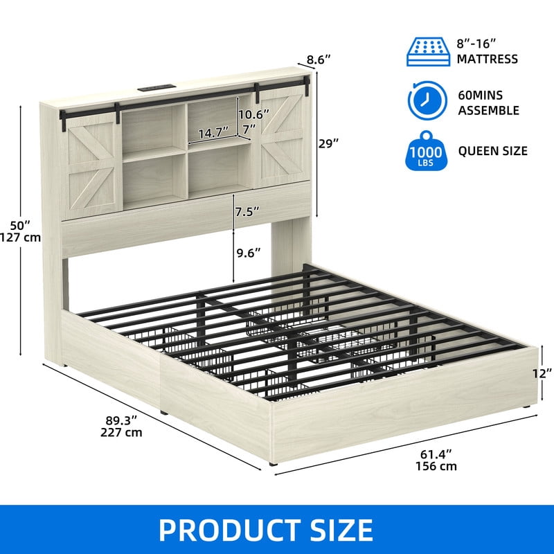 Uforic Farmhouse Queen Bed Frame With Bookcase Headboard & LED Lights, Storage Bed with Power Outlets, White