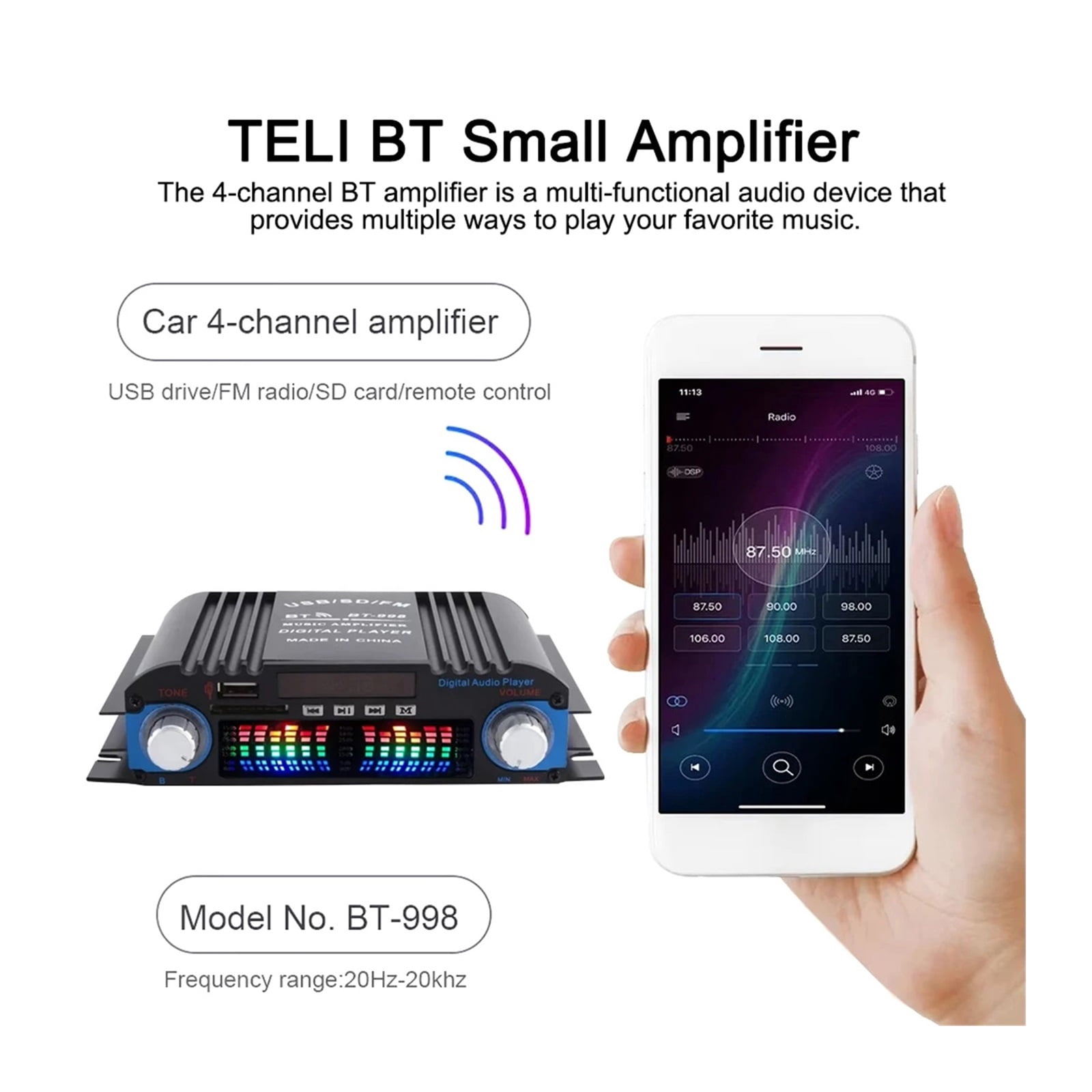 1600W Power HiFi Sound Amplifier 400Wx4 Digital 4 Channel Amplifier USB Bluetooth FM Radio Player &Wireless Remote