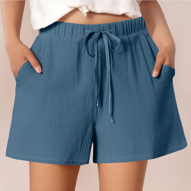 Ovticza Women's Linen Shorts Casual Flowy High Waisted Comfy Summer Basic Elastic Drawstring Boho Dressy Pockets Blue S