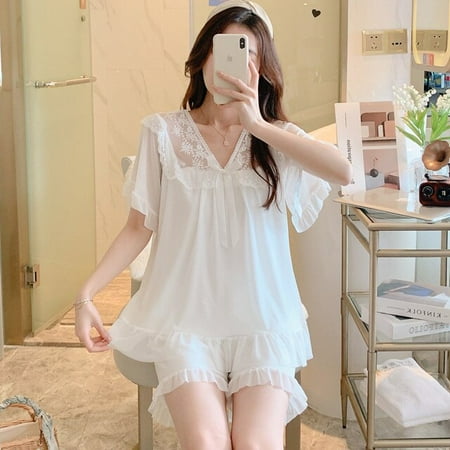 

PIKADINGNIS funishi Women Sleepwear Princess Style Cotton Pullover Sexy Sleepwear Loose Version Pajama Set Plus Size Summer Pajamas