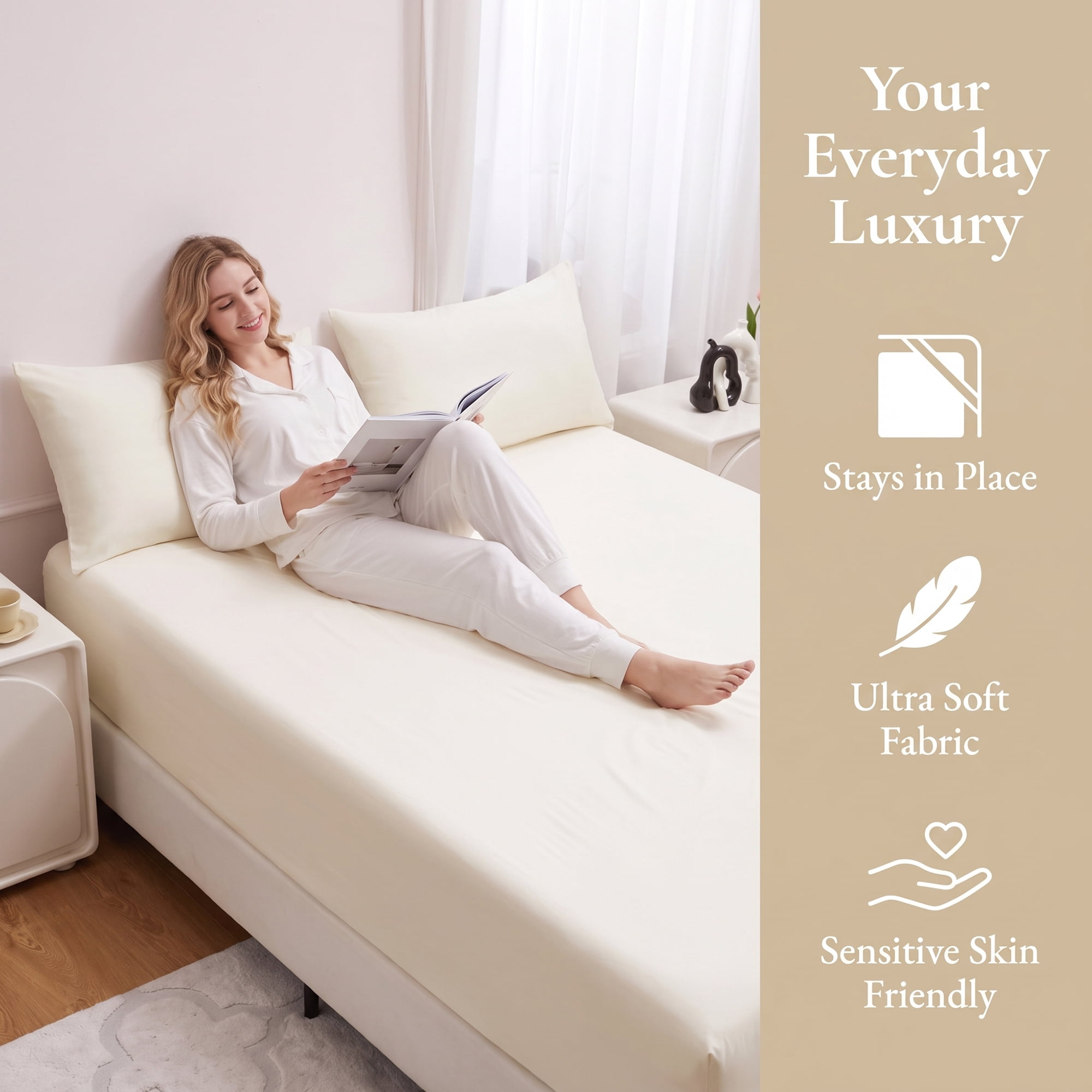 Unique Bargains Fitted Polyester Bed Sheets Comfortable Bedding Creamy White 39"x74.8"