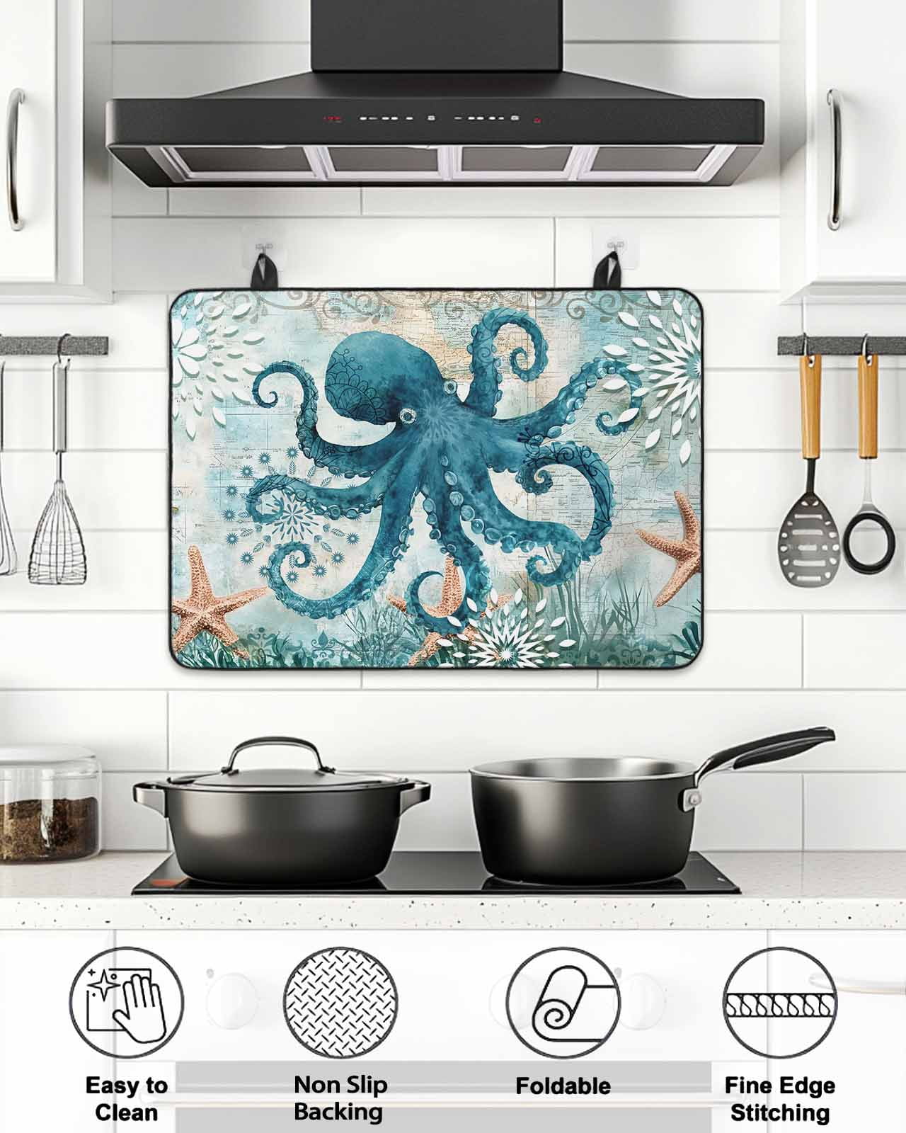 Stove Top Covers for Electric Stove, Coastal Octopus Glass Stovetop Cover Protector, Teal Nautical Beach Starfish Vintage Induction Cooktop Protector Oven Mat for Kitchen Countertop 24"x21"