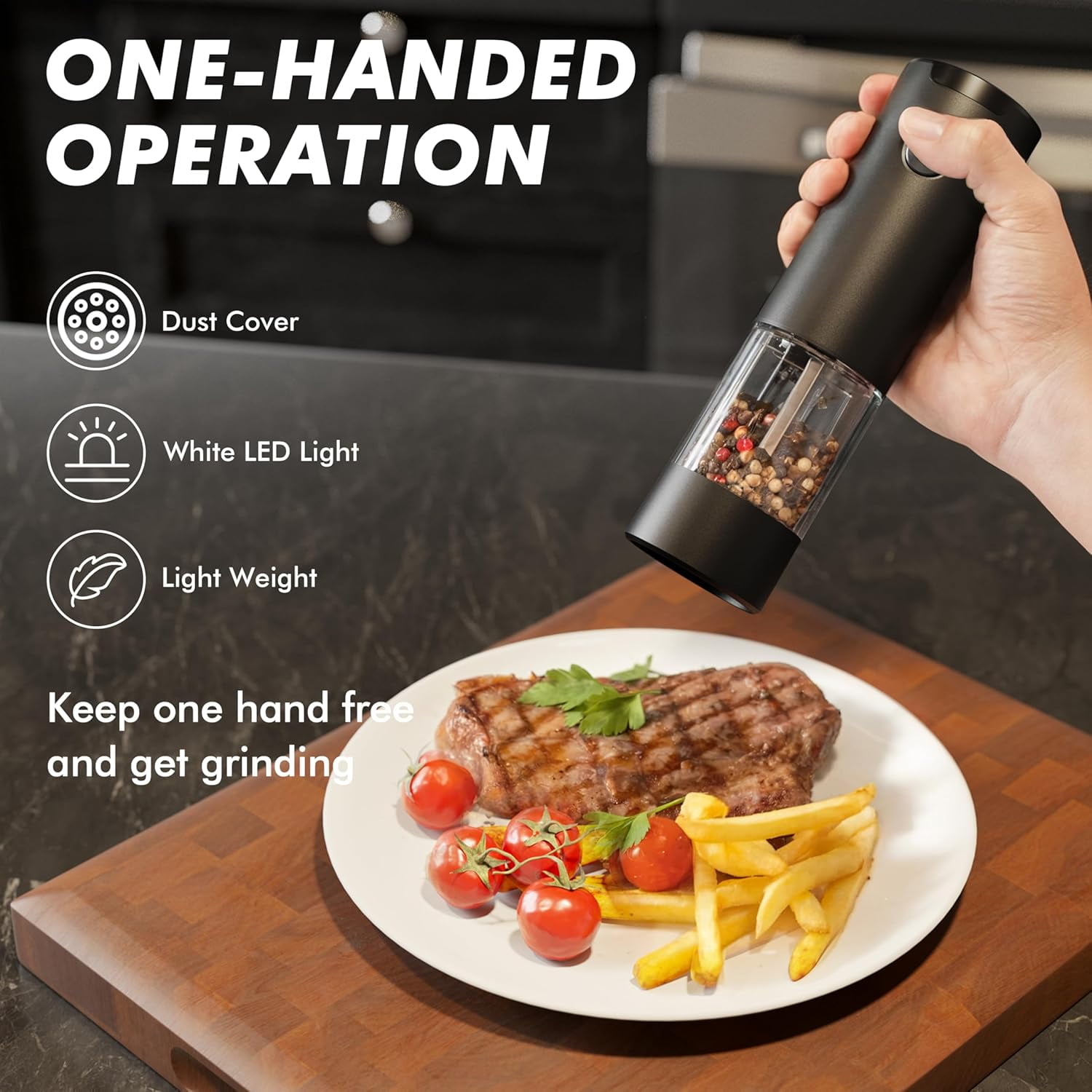 Electric Salt and Pepper Grinder Set USB Rechargeable Automatic Mills with LED Light Large Capacity Adjustable Coarseness One-Hand Operation Stable Base