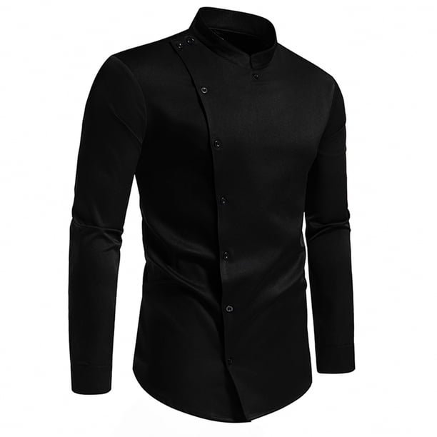 Blusa y camisa de manga larga con cuello alto para hombre, informal, lisa, con botones, de poliéster