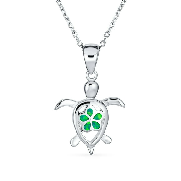 Delicate Nautical Tropical Flower Beach Vacation Gemstone Created Opal Inlay Green Sea Turtle Pendant Necklace for Women Teen .925 Sterling Silver October Birthstone