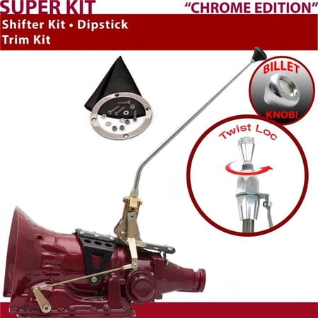 American Shifter C6 Shifter Kit Chrome 16 in. Trim Kit Dipstick Push Button Black Boot Billet Knob for F225B